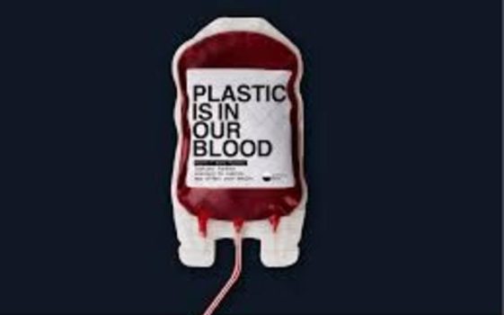 Graphic for Common Seas' Blood Type Plastic campaign. A blood IV bag hanging up, with a while label reading 'Plastic is in Our Blood' and a straw coming out in the place of a medicla tube.