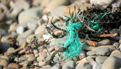 Plastic debris on a pebble beach