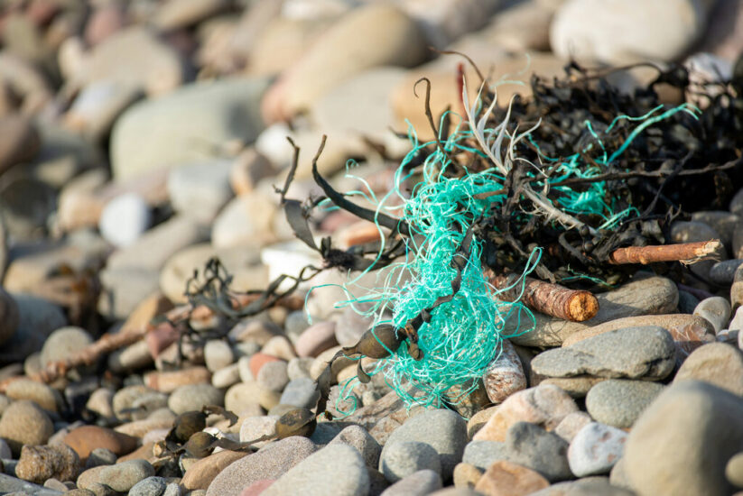 Plastic debris on a pebble beach