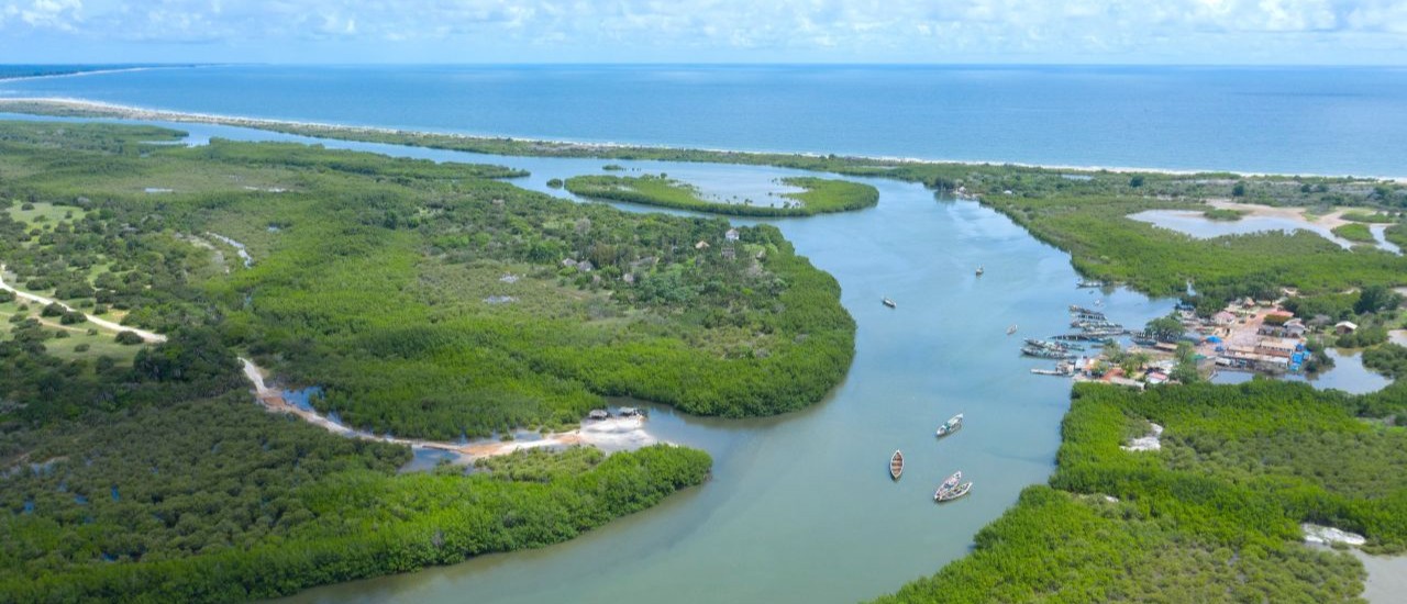 Aerial photo of the river Gambie's entry to the Atlantic Ocean, with the sea and horizon in the background, lush green around the river in the foreground.