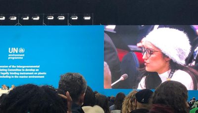 Delegate from Mexico makes a speech at the closing plenary of INC5 in Busan. In the foreground is the crowd, and on the screen is the blue INC sign and a shot of the delegate, wearing a light top and a light fluffy bucket hat.