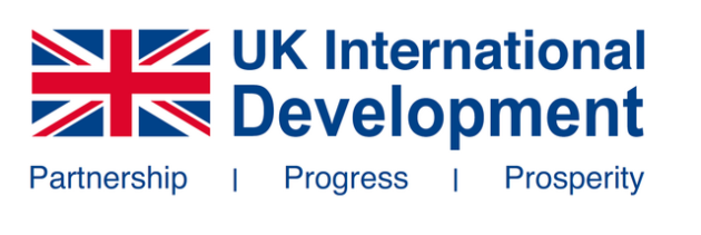 Logo for UK International Development. It is rectangular, with a union jack flag to the legt and the works 'UK International Development to the right in dark blue. Underneath is says 'partnership | prosperity | progress' also in dark blue.